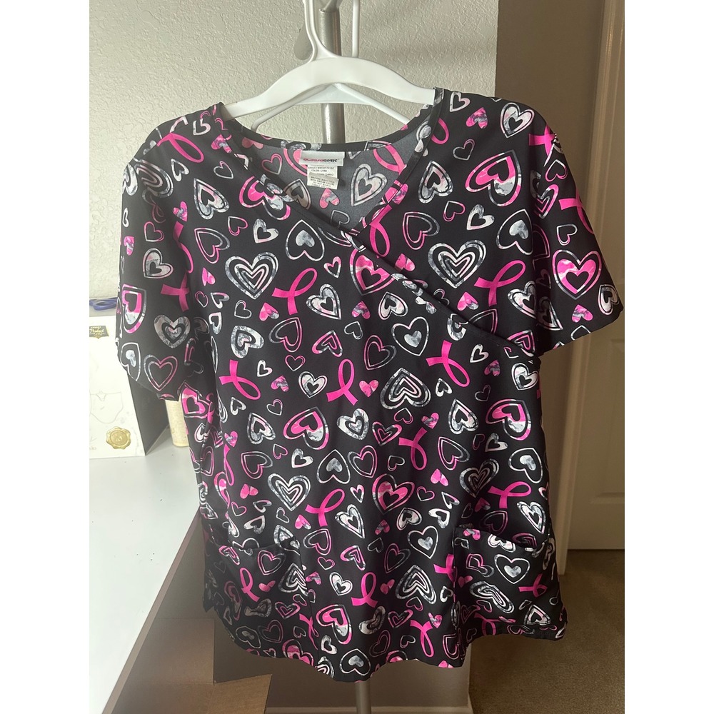 Scrubstar Scrub Set Women L/M Black Pink Breast Cancer Awareness Hearts